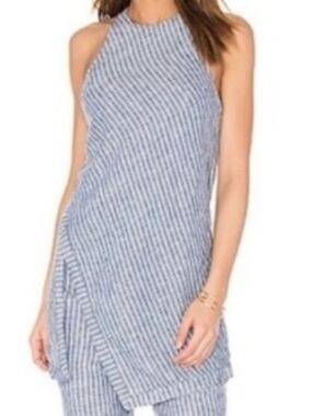 Free People Women's Asymmetrical Linen Striped Blue And White Tank Top sz 4